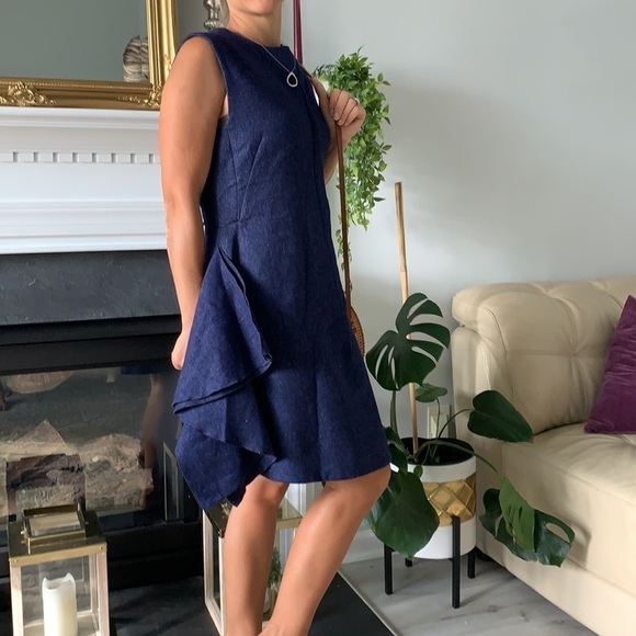 Tish Cox Blue wool dress ruffle midi sleeveless - Picture 2 of 16